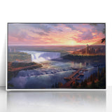 Acrylic print of Niagara Falls in art deco style with a white frame, featuring soft blue and white tones.