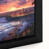 Extra large framed canvas of Niagara Falls in black with colorful, textured detailing, ideal for living room decor.
