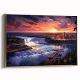 Framed canvas depicting the Niagara Falls in vintage poster style with a black and gold color palette.