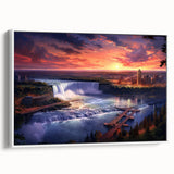 Vintage poster art of Niagara Falls in vibrant colors on a large framed canvas, ideal for living room decor.