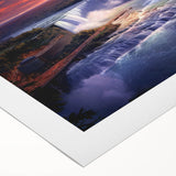 Art deco poster of Niagara Falls in muted blue and gray tones on rolled canvas, ideal for dining room wall art.