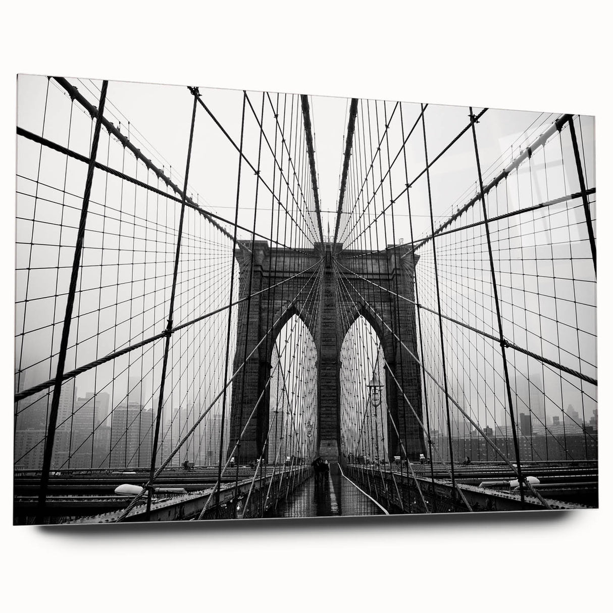 Acrylic print of the Brooklyn Bridge in muted monochrome, ideal for bedroom or dining room art.