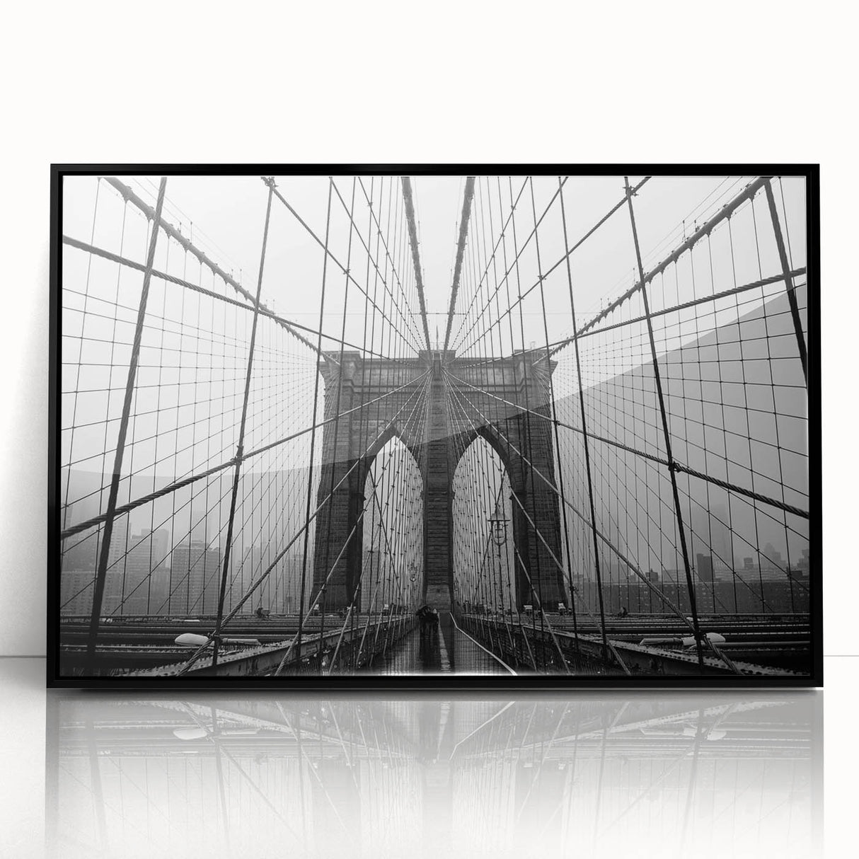 Large abstract wall art of the Brooklyn Bridge in black and white tones on acrylic, ideal for modern art wall decor.