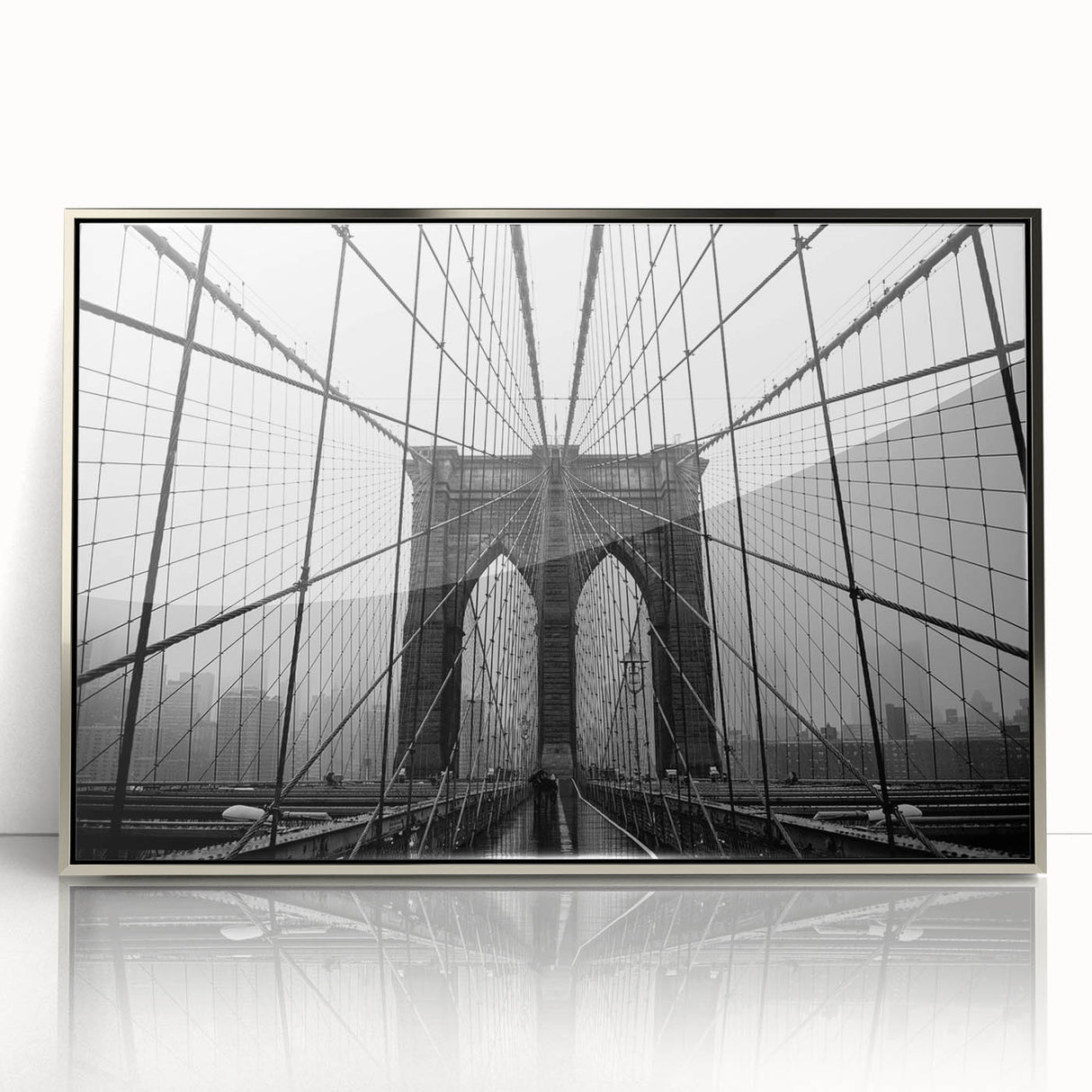 Mid-century modernist art of the Brooklyn Bridge in muted silver tones on a framed acrylic print.