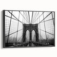 Black and white framed canvas of Brooklyn Bridge, ideal for bedroom wall art with a vintage poster style.