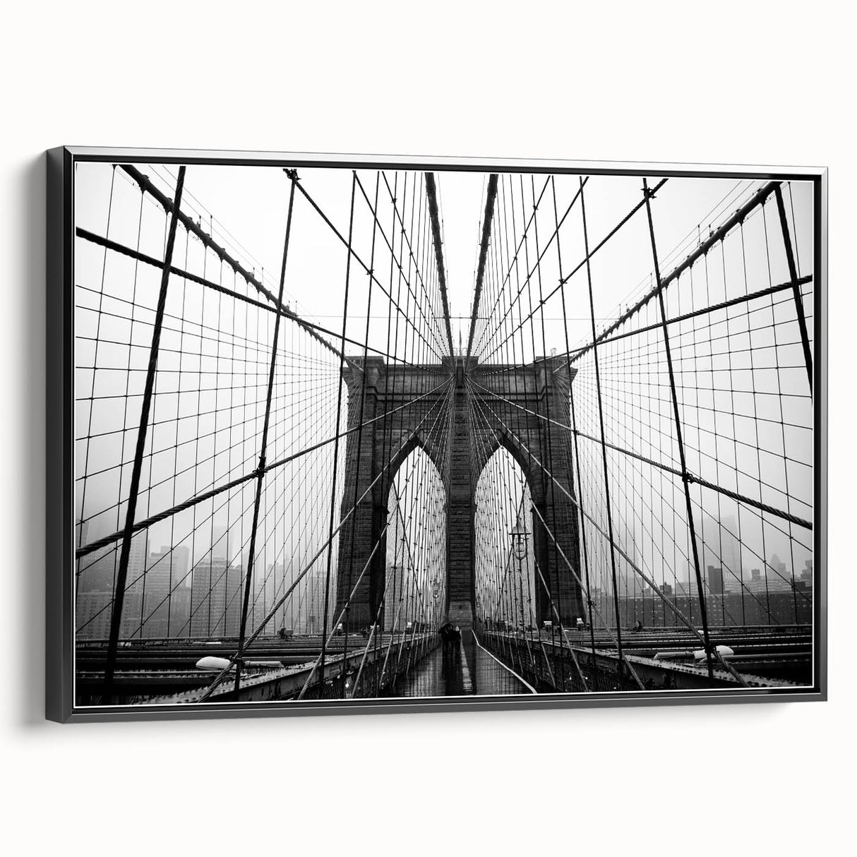 Black and white framed canvas of Brooklyn Bridge, ideal for bedroom wall art with a vintage poster style.