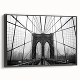 Black and white framed canvas of Brooklyn Bridge, ideal for bedroom wall art with a vintage poster style.