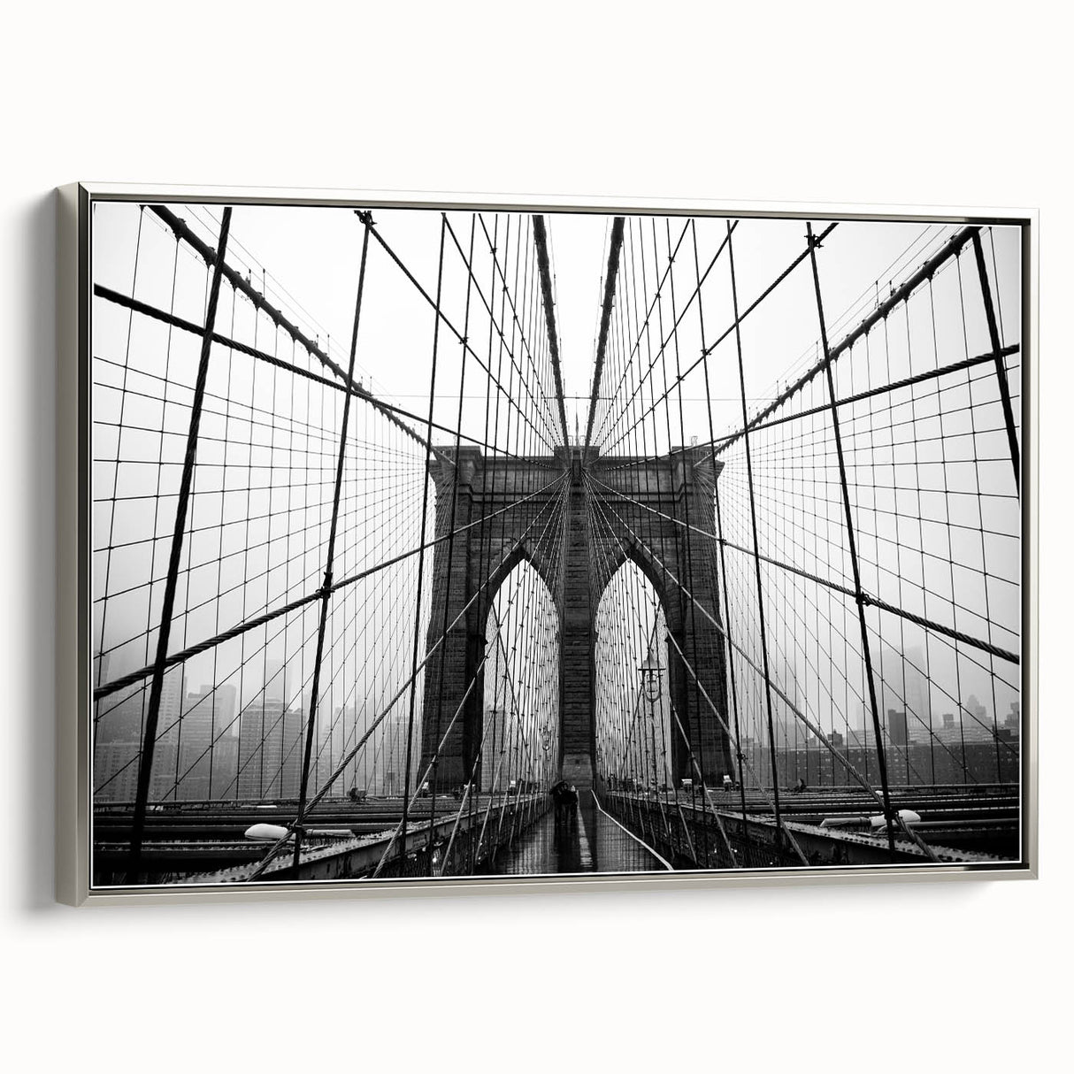 Framed canvas of the Brooklyn Bridge in a vintage poster style with a black and colorful palette, suitable for office decor.