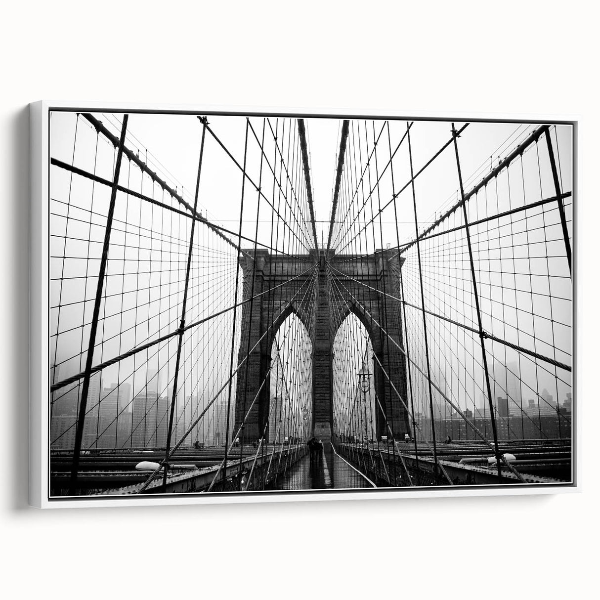 Vintage poster art of the Brooklyn Bridge in colorful tones on extra-large framed canvas, ideal for living room decor.