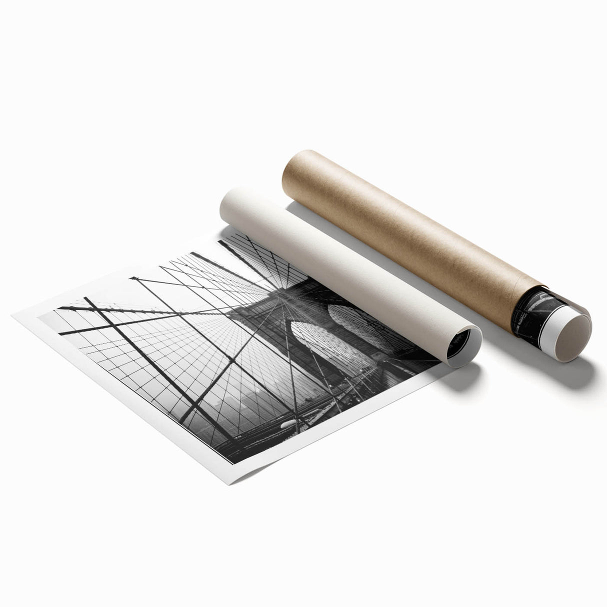 Black and white photo of the Brooklyn Bridge, printed on rolled canvas, suited for classy bathroom wall art.