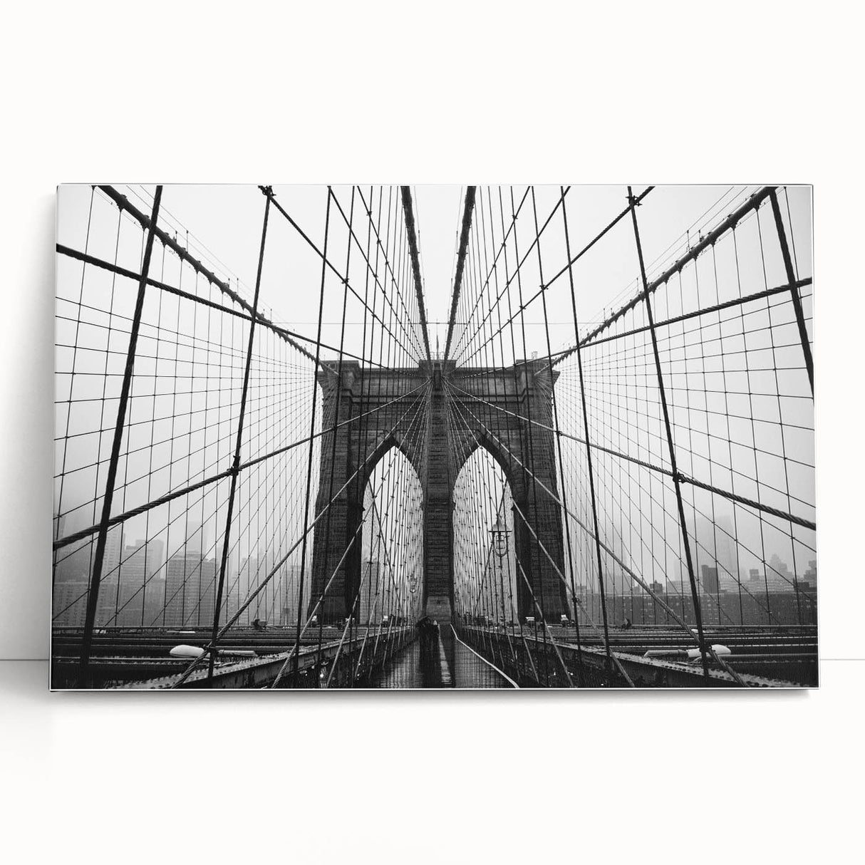 Black and white photo of Brooklyn Bridge on large stretched canvas, ideal for kitchen wall art or bedroom ambiance.