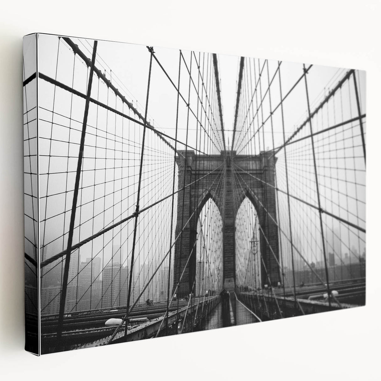Brooklyn Bridge depicted in muted gray tones on a large stretched canvas, suitable for kitchen wall art.