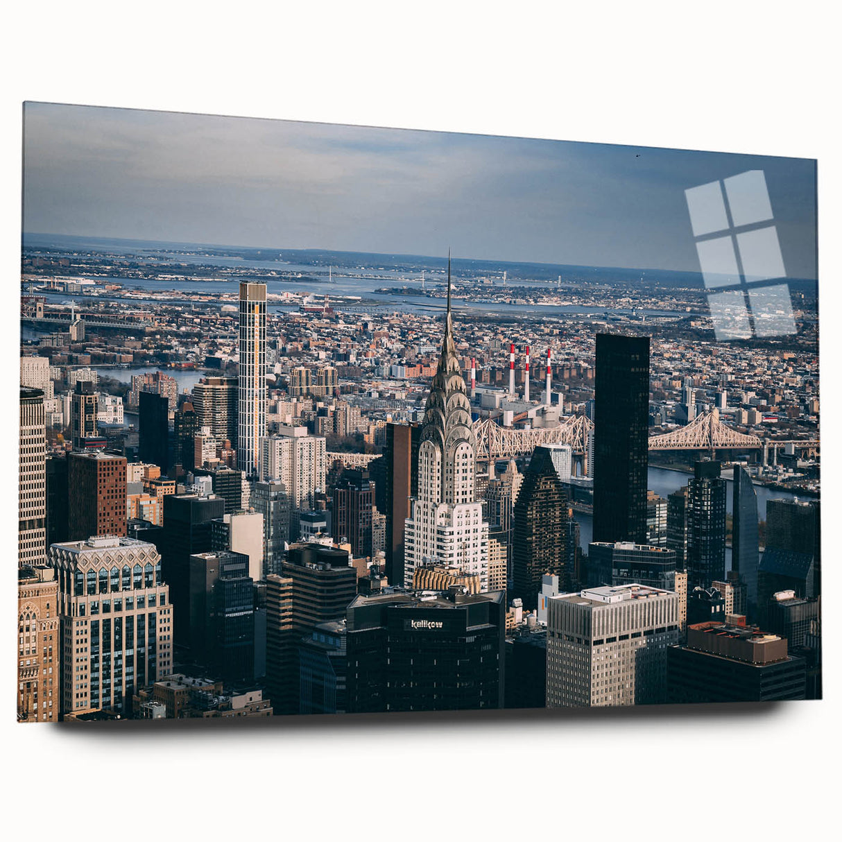 Acrylic print of the Chrysler Building in muted metallic tones, ideal for bedroom or dining room art.