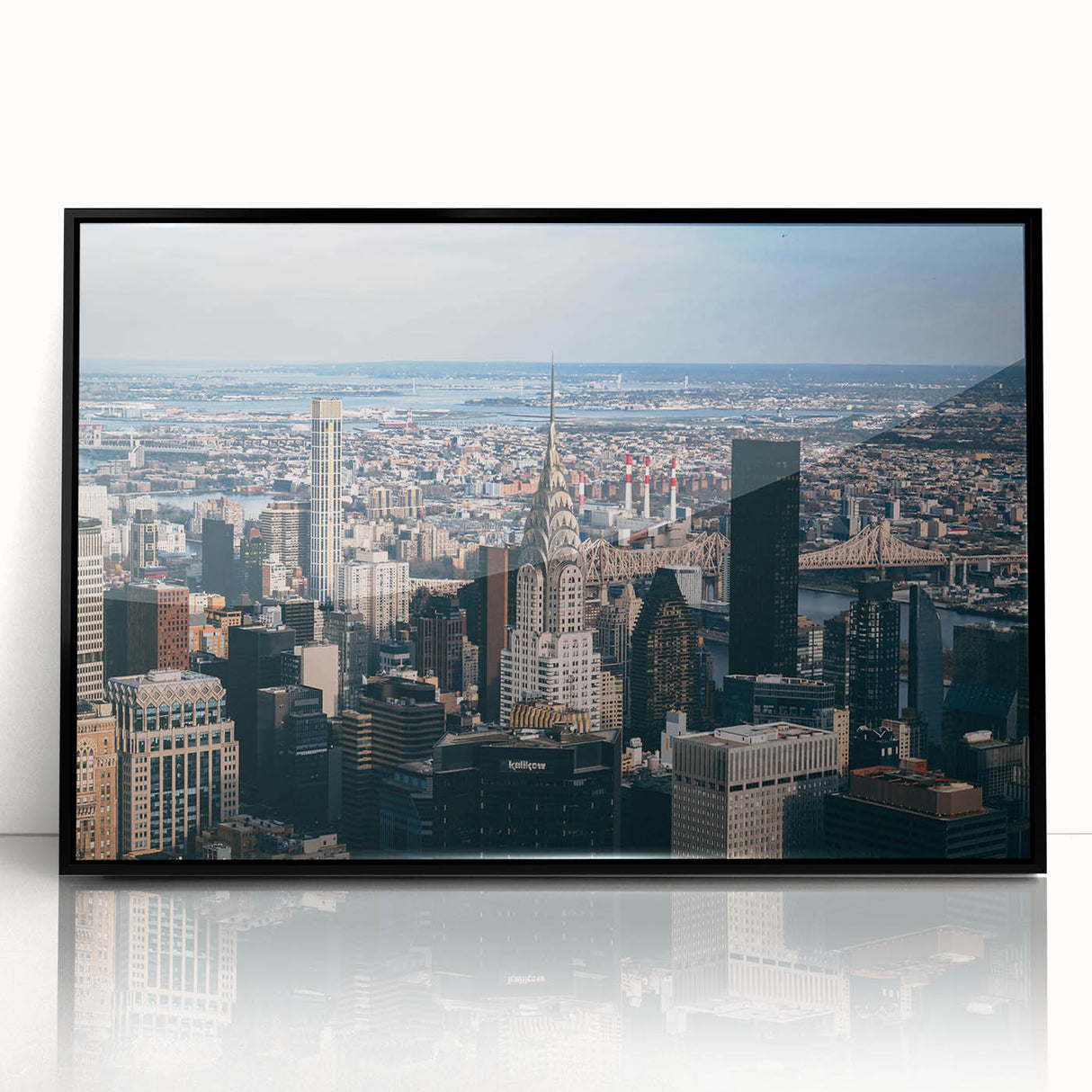 Large abstract wall art of the Chrysler Building in black and white acrylic, ideal for modern office decor.