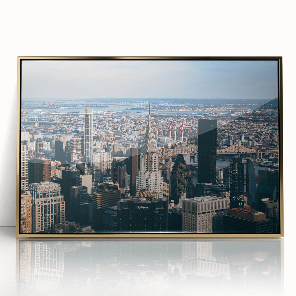 Acrylic print of the Chrysler Building in gold tones, styled in mid-century modernist art.