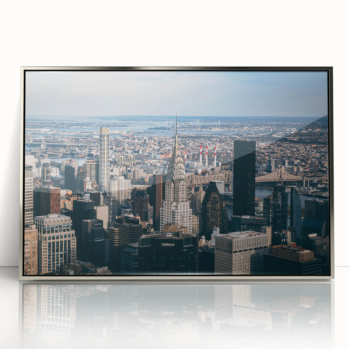 Mid-century modernist art of the Chrysler Building in silver tones on framed acrylic, suitable for modern art wall decor.