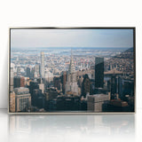 Mid-century modernist art of the Chrysler Building in silver tones on framed acrylic, suitable for modern art wall decor.
