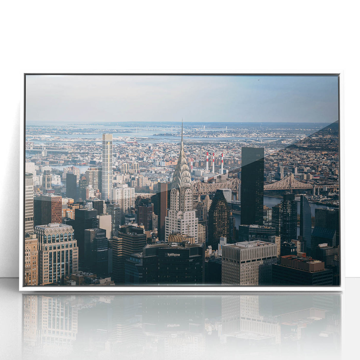 Art deco poster of the Chrysler Building in monochrome tones on framed acrylic, ideal for modern art wall decor.