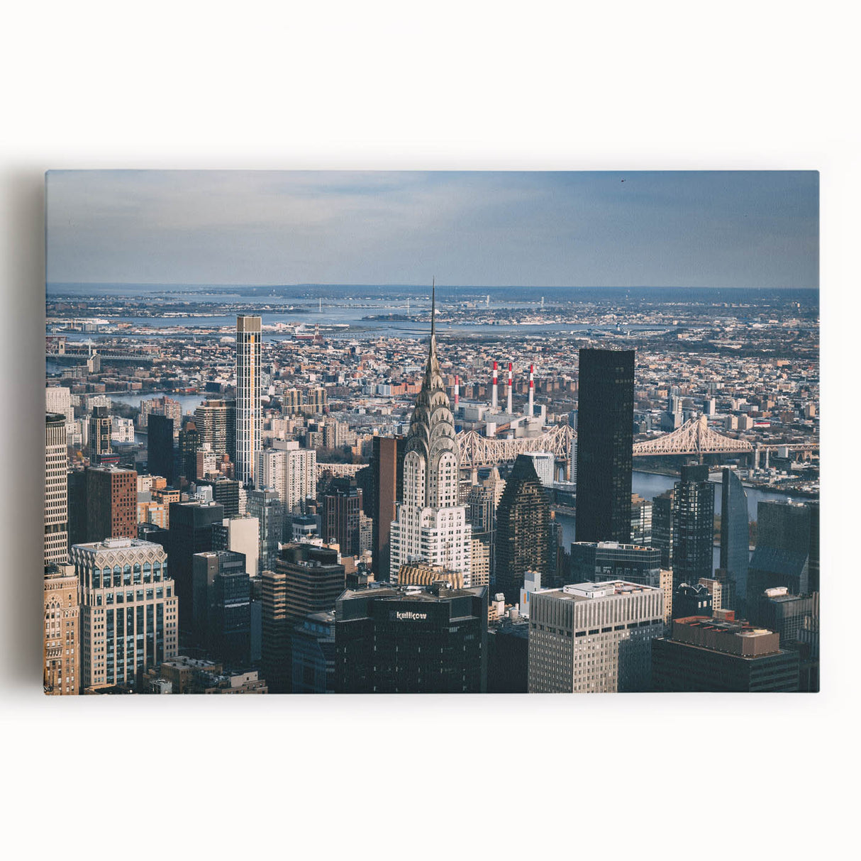 Black and white print of the Chrysler Building on large stretched canvas, suitable for kitchen wall art.