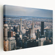 Side view of a large art print featuring the Chrysler Building in muted gray tones on stretched canvas.
