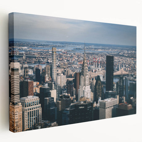 Side view of a large art print featuring the Chrysler Building in muted gray tones on stretched canvas.