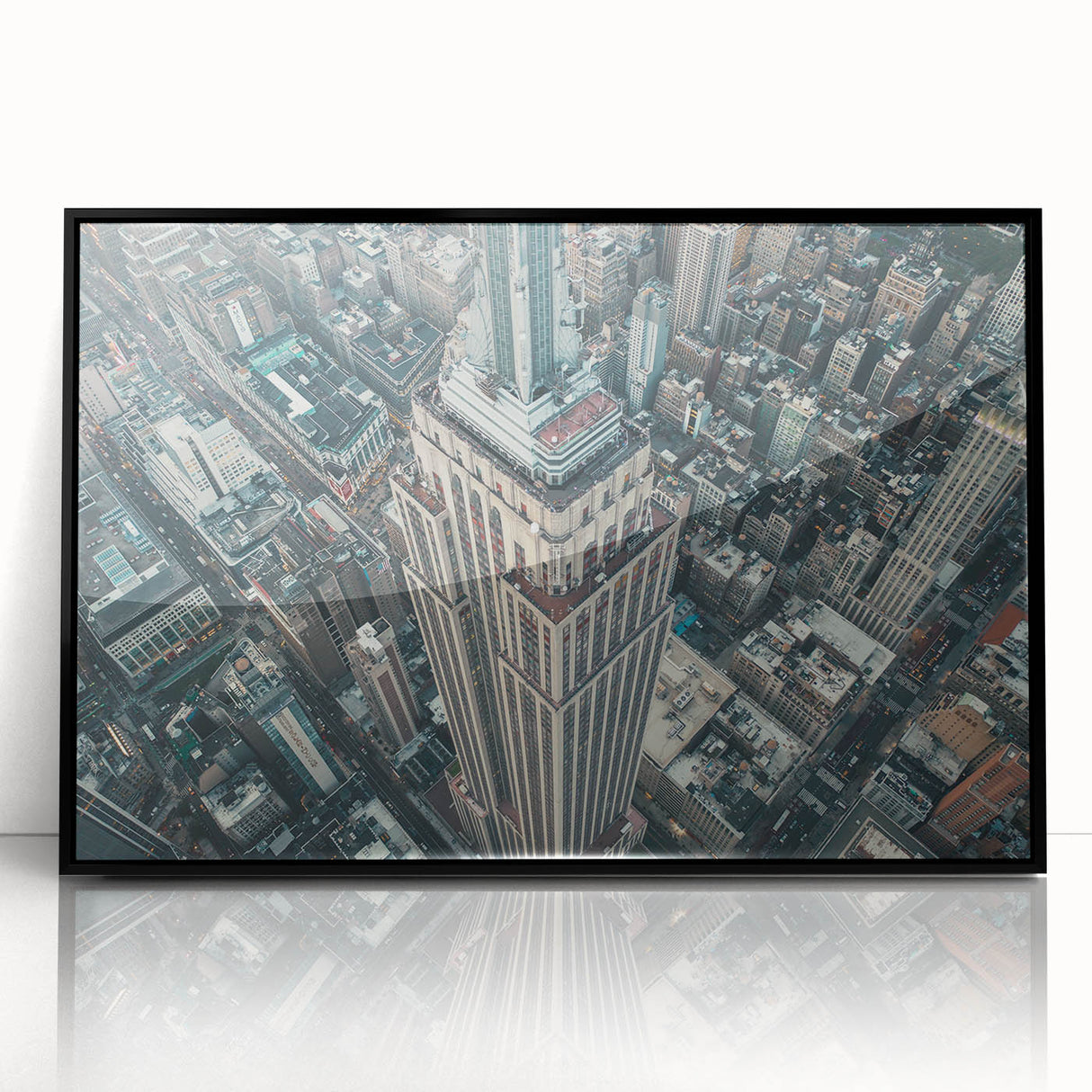 Large abstract wall art depicting the NYC skyline in muted gray tones on a framed acrylic canvas.