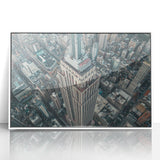 Art deco poster of NYC skyline in black and white on framed acrylic, suitable for modern art wall decor.