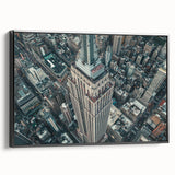 Black and white wall art of NYC Empire State Building, vintage poster style on framed canvas, ideal for bedroom decor.