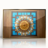 Mid-century modernist art of NYC Grand Central in muted gold tones on a framed acrylic, suitable for modern art wall decor.