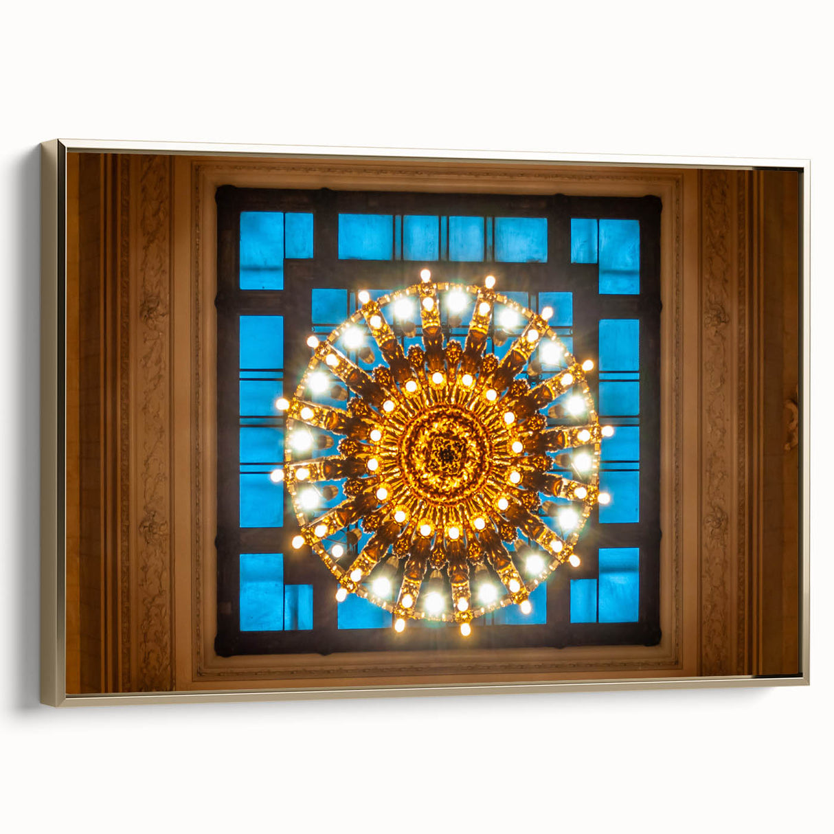 Framed canvas of vintage New York City Grand Central landscape in black and gold, ideal for bedroom wall art.