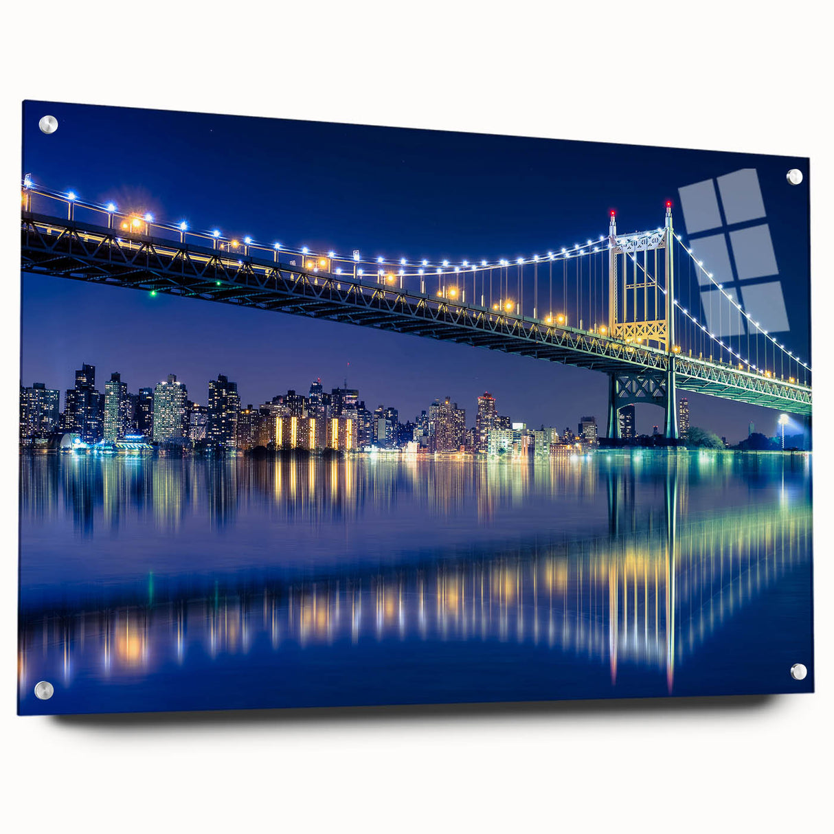 Acrylic print of Manhattan Bridge in muted gray and blue tones, suitable for modern bedroom or dining room decor.