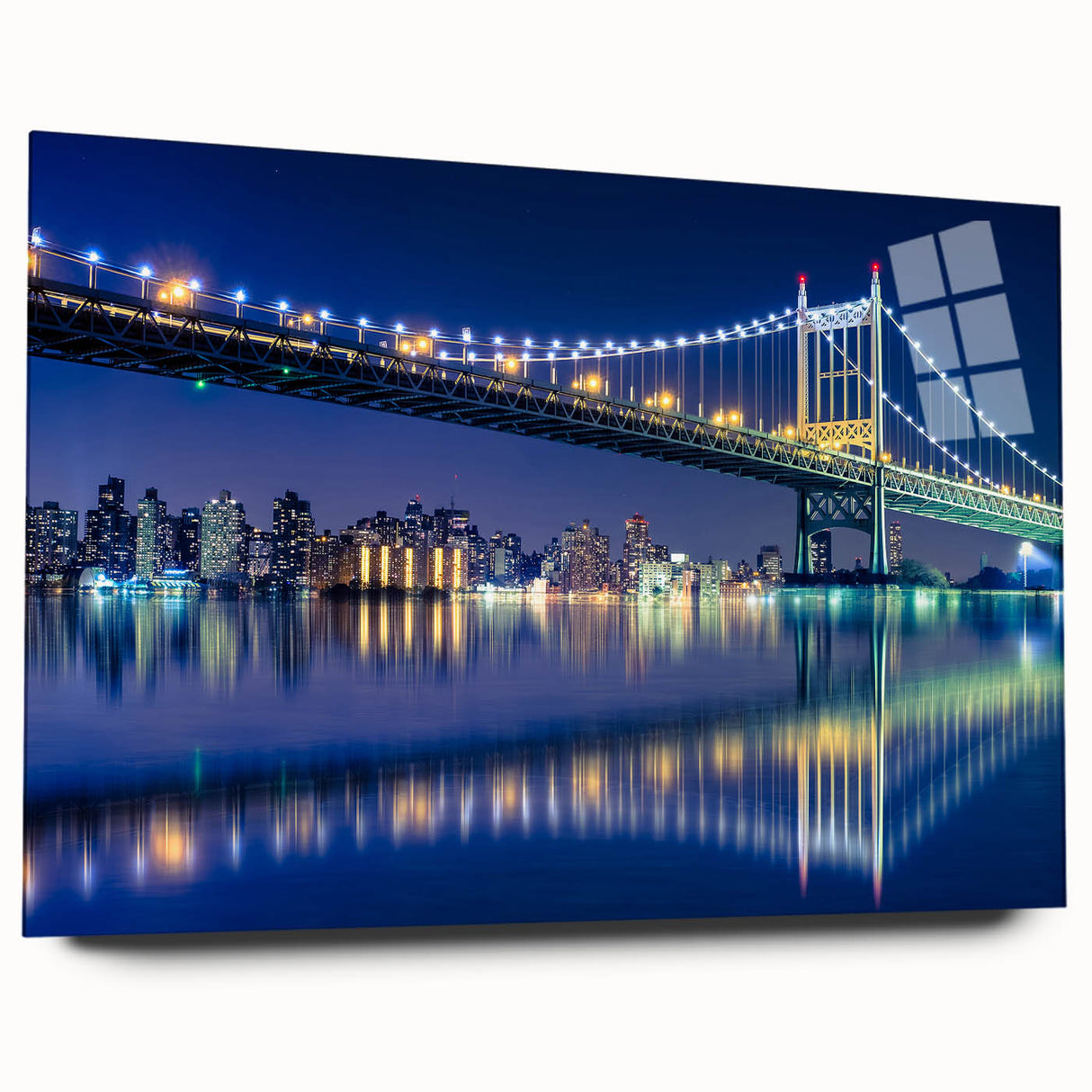 Acrylic glass print of the Manhattan Bridge in muted gray and blue tones, suitable for bedroom or dining room decor.