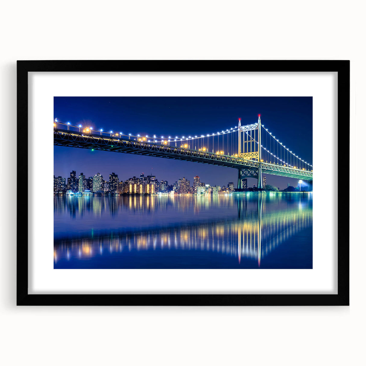 Extra large abstract art print of Manhattan Bridge in vibrant colors, framed in black, ideal for living room decor.