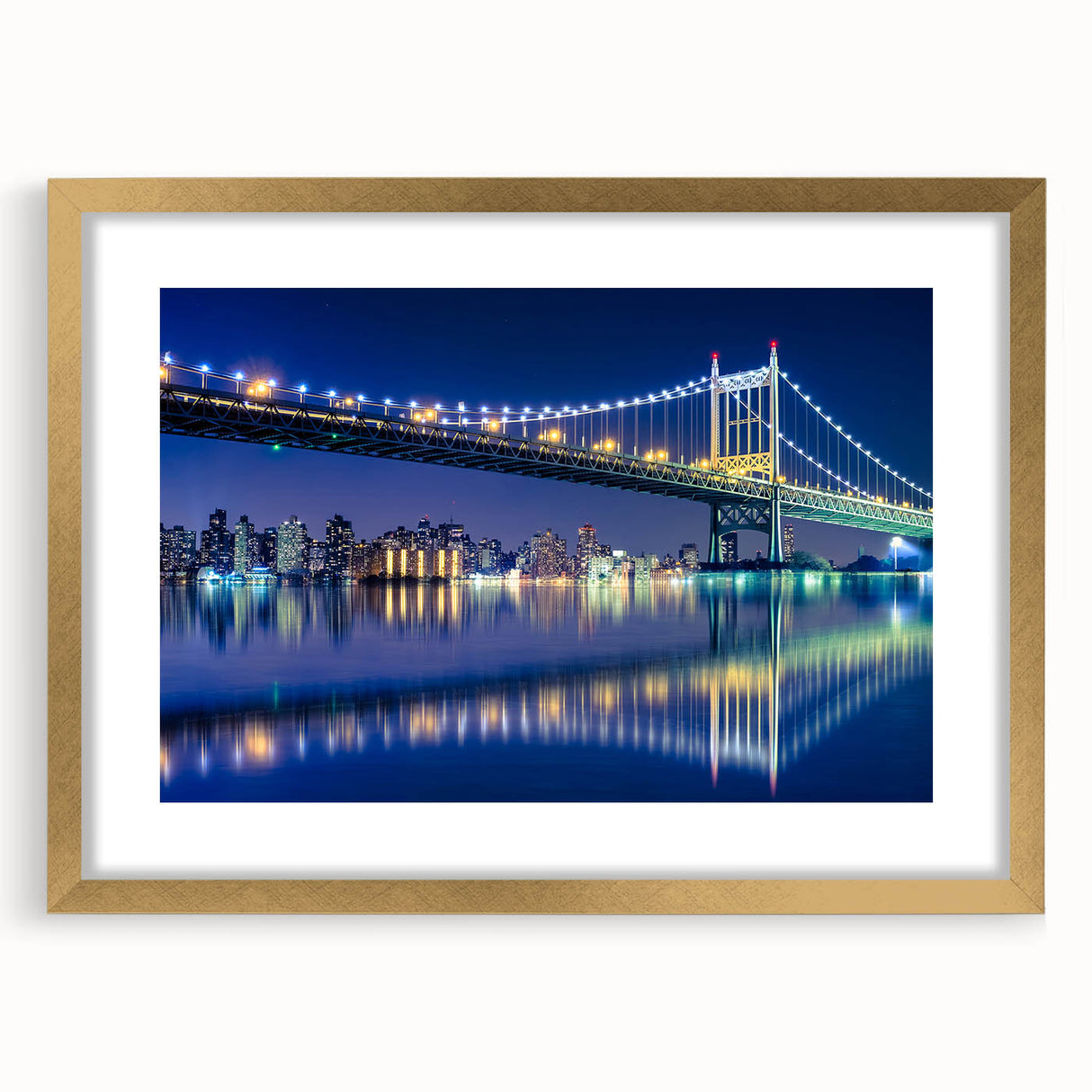 Extra large abstract art print of Manhattan Bridge in textured grays and blues on a framed canvas.