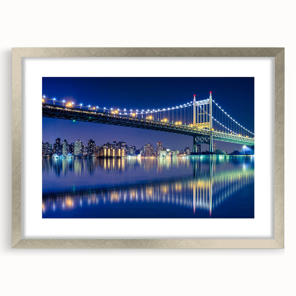 Textured art print of Manhattan Bridge in muted gray tones on a framed silver mat, ideal for bedroom art.