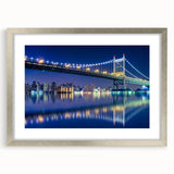 Textured art print of Manhattan Bridge in muted gray tones on a framed silver mat, ideal for bedroom art.