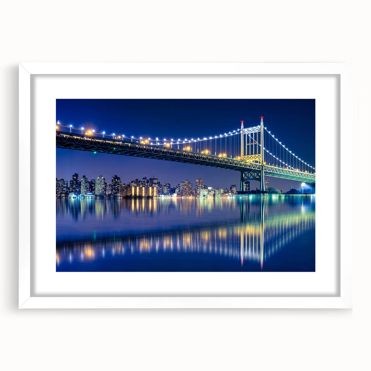 Abstract art print of the Manhattan Bridge in muted gray and blue tones, framed with a white mat.