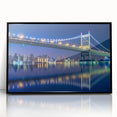 Large abstract wall art of the Manhattan Bridge in muted gray and blue tones, displayed as a framed acrylic print.
