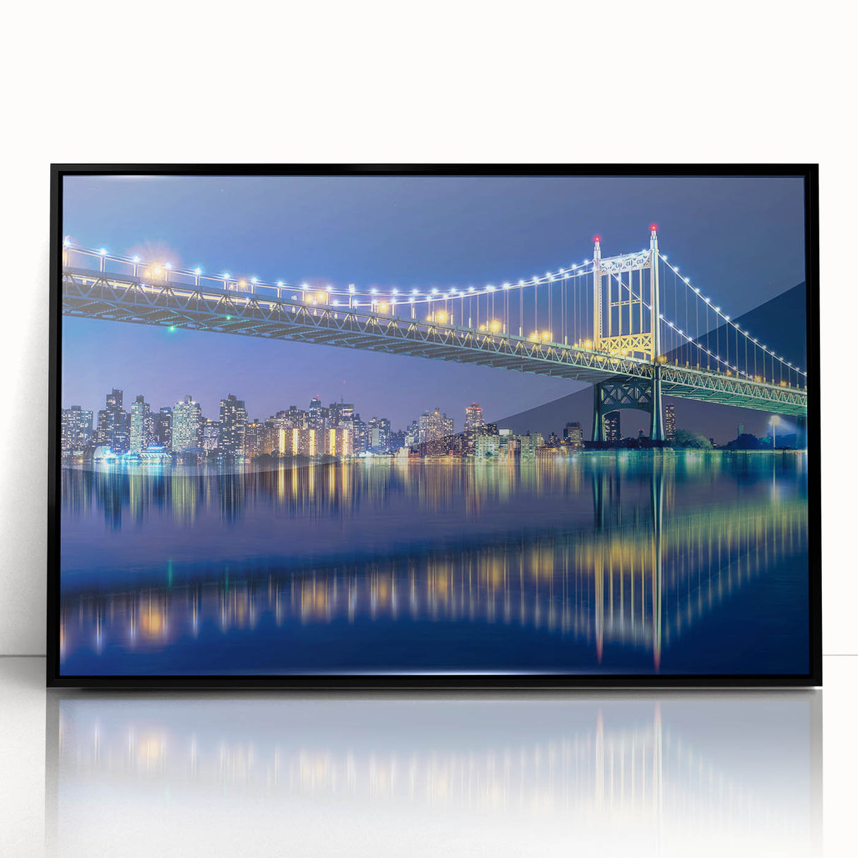 Large abstract wall art of the Manhattan Bridge in muted gray and blue tones, displayed as a framed acrylic print.