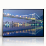 Large abstract wall art of the Manhattan Bridge in muted gray and blue tones, displayed as a framed acrylic print.