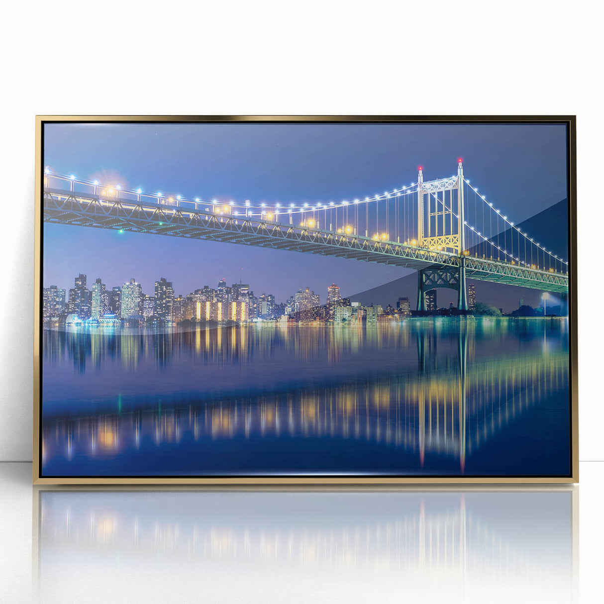 Acrylic print of the Manhattan Bridge in muted gray and gold tones, framed, ideal for modern art wall decor.