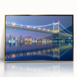 Acrylic print of the Manhattan Bridge in muted gray and gold tones, framed, ideal for modern art wall decor.