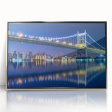 Mid-century modernist art of the Manhattan Bridge in muted gray tones on a framed acrylic print.