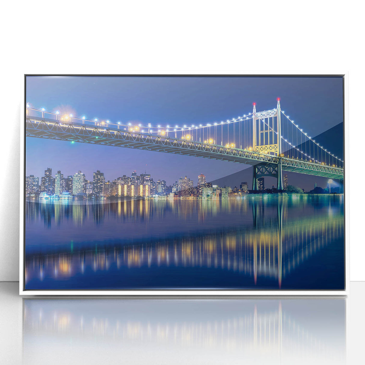 Acrylic print of the Manhattan Bridge in monochrome tones, framed in white, suitable for modern art wall decor or a nursery.