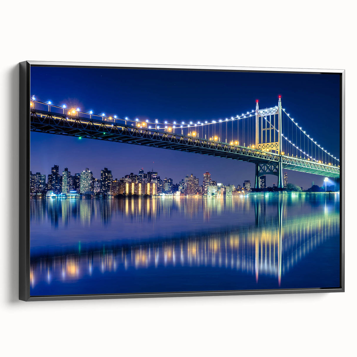 Black and white framed canvas of Manhattan Bridge, featuring a vintage poster art style, ideal for bedroom wall decor.