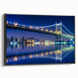 Black and white framed canvas of Manhattan Bridge, featuring a vintage poster art style, ideal for bedroom wall decor.