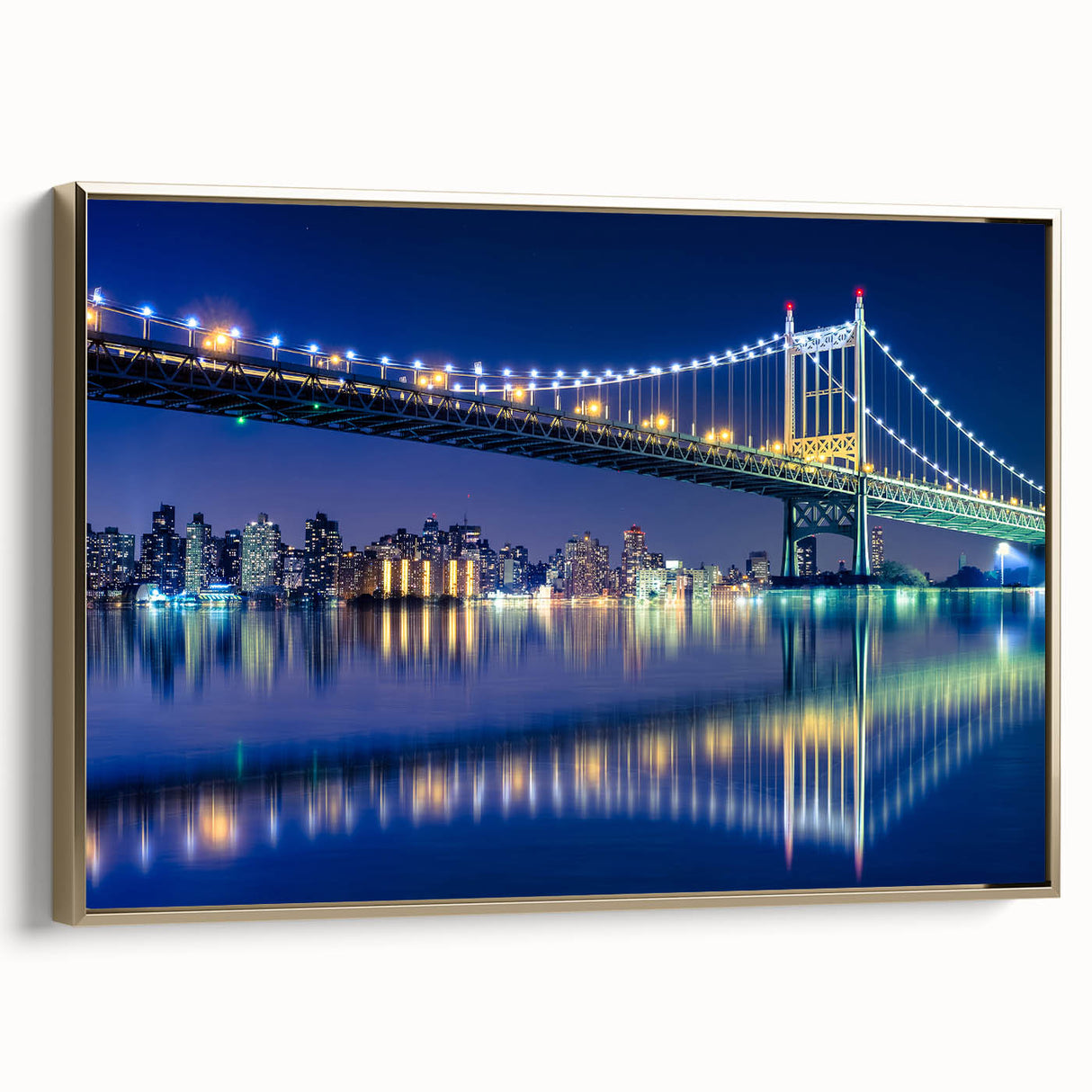 Framed canvas wall art featuring the Manhattan Bridge in black and gold tones, suitable for bedroom decor.