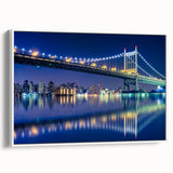 Vintage poster art of Manhattan Bridge in black and colorful tones on a framed canvas, ideal for living room decor.