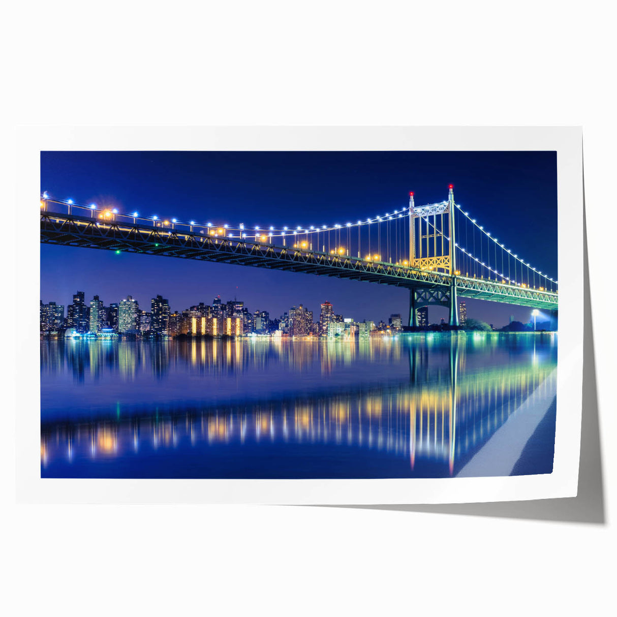 Extra large rolled print of Manhattan Bridge with muted gray and blue tones, ideal for art wall dining room.