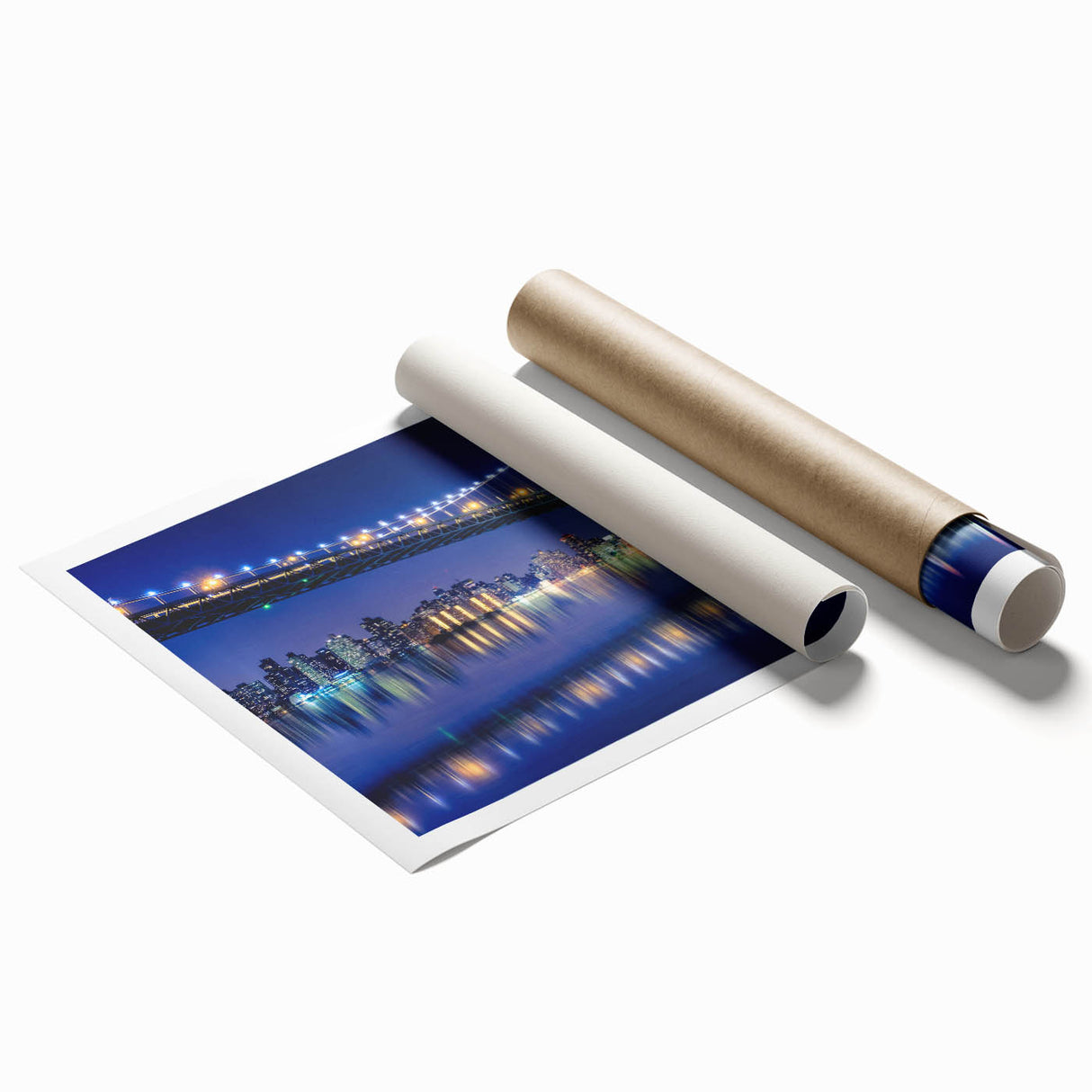 Extra large rolled print of Manhattan Bridge with muted gray and blue tones, ideal for classy bathroom wall art.